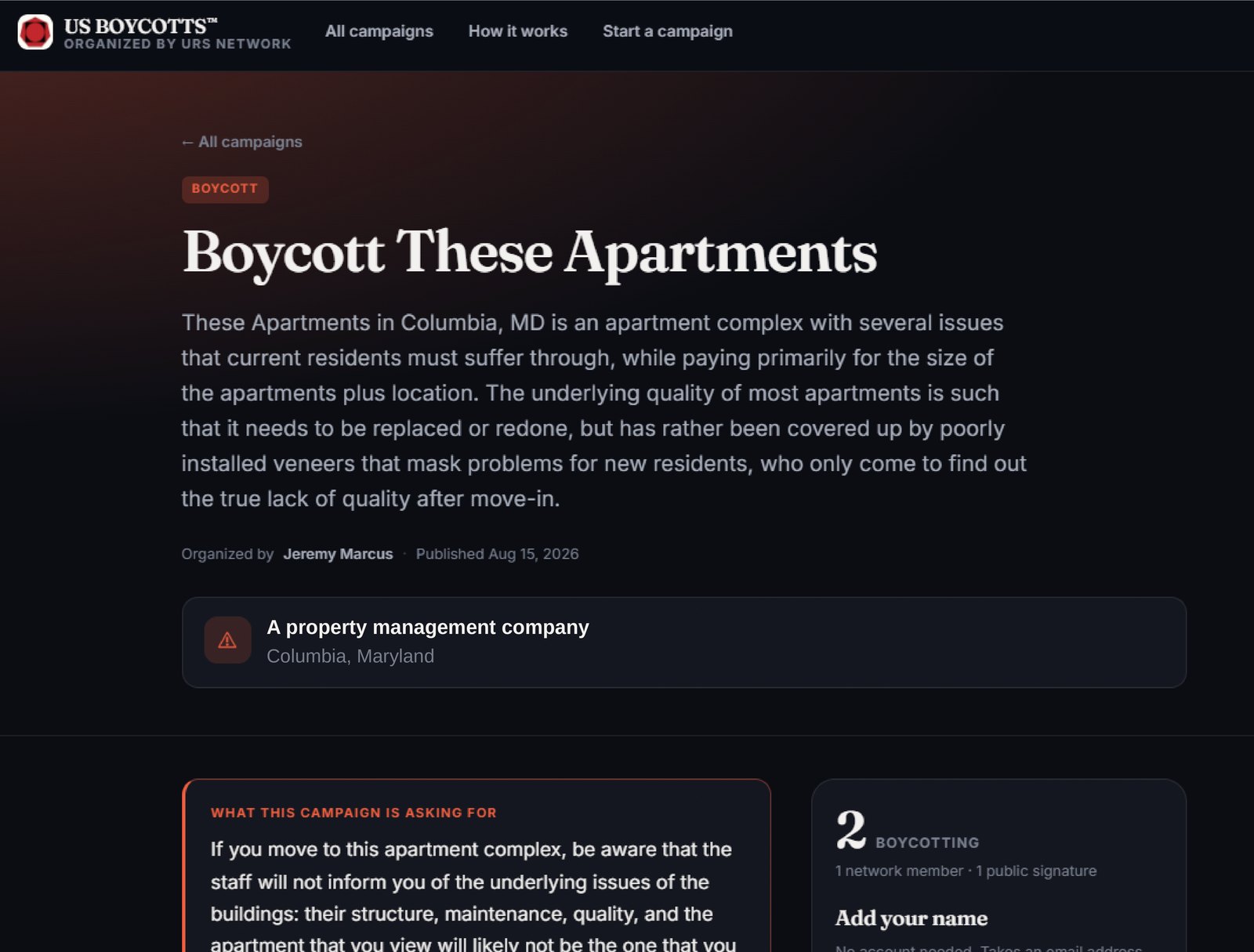 A campaign page: the headline, the case being made, the organizer and publication date, the business it names, what the campaign is asking for, and a panel to add your name.