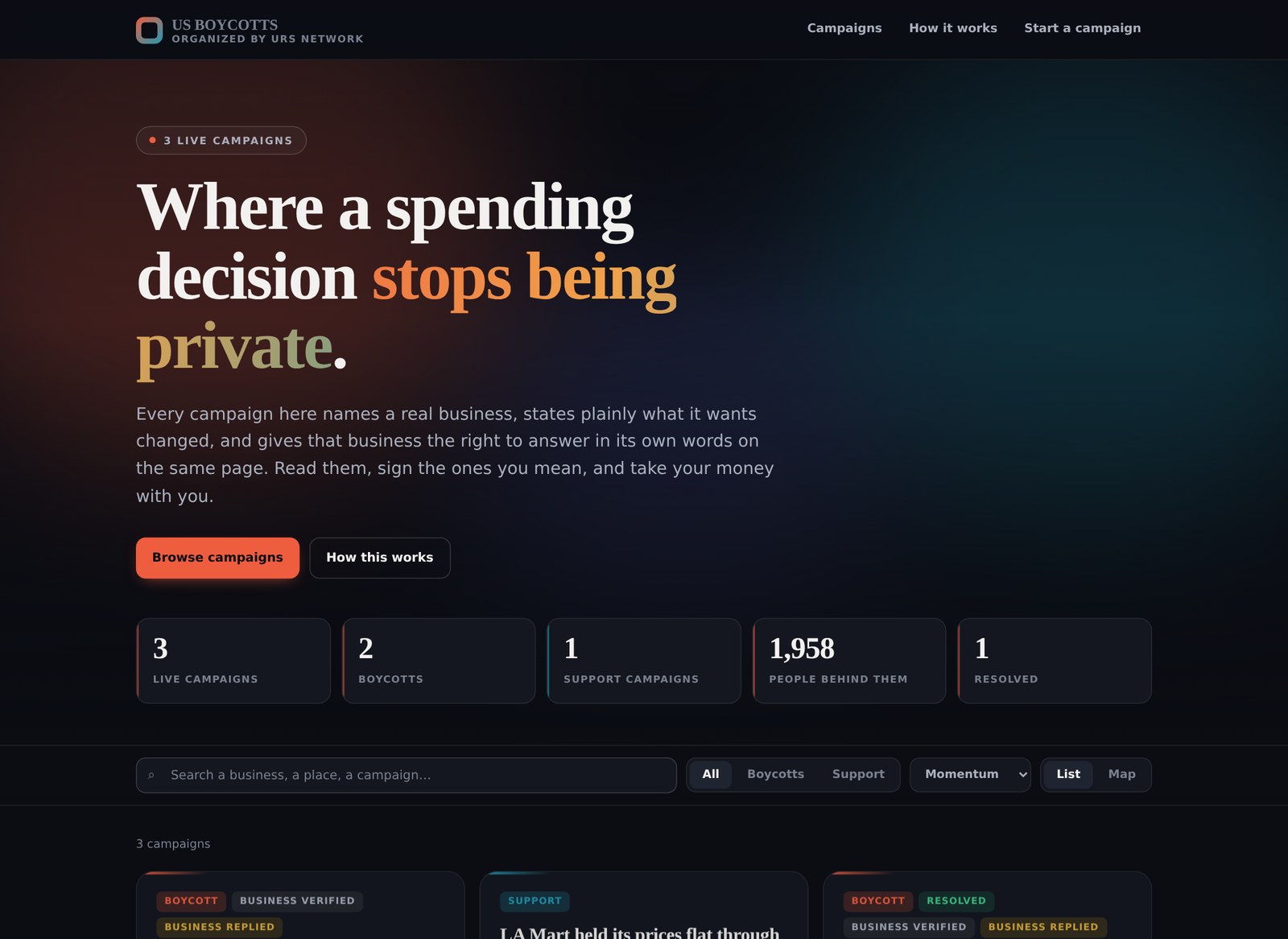 The public boycott directory, listing live boycott and support campaigns with the number of people behind each one.
